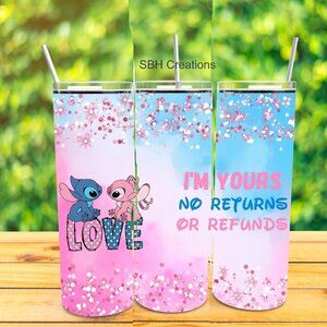 20oz Stitch  I'm yours ,no returns insulated tumbler with sliding lid and straw